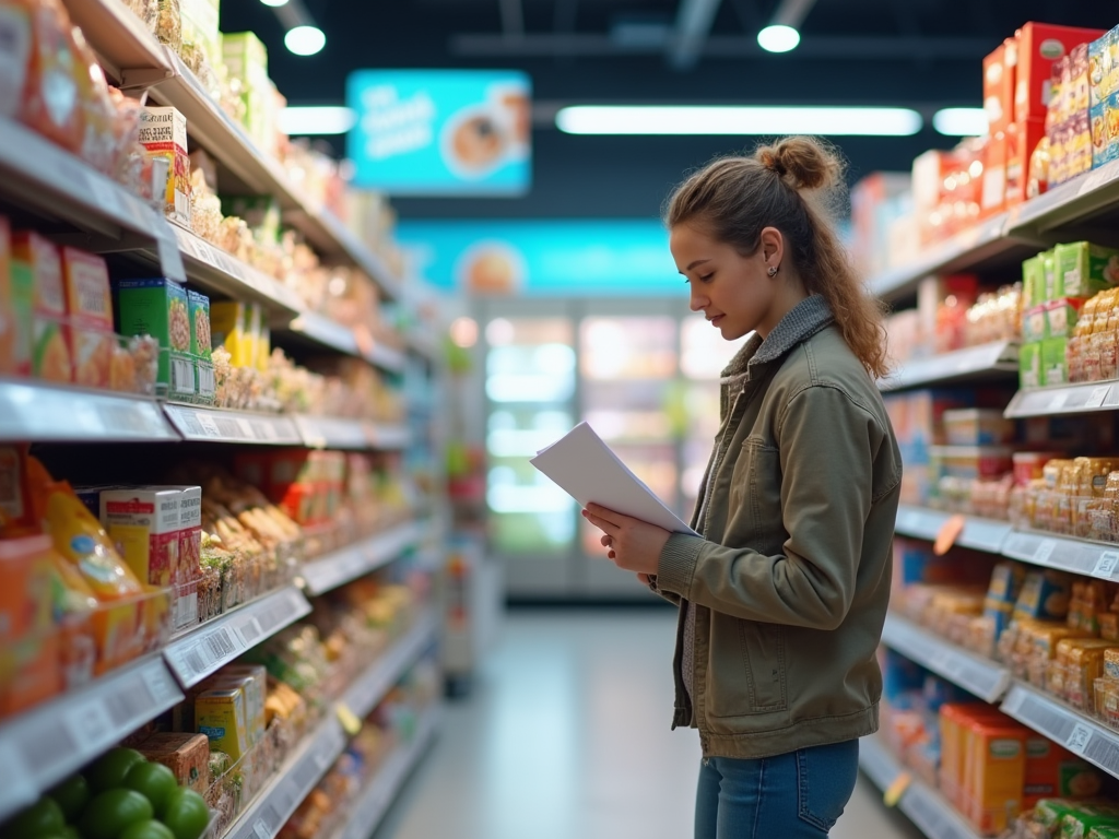 Девушка в зеленой куртке читает список покупок в продуктовом магазине.