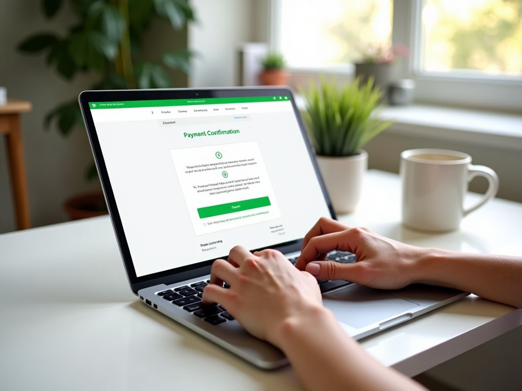 Человек работает за ноутбуком с открытой страницей подтверждения платежа, рядом стакан с кофе.
