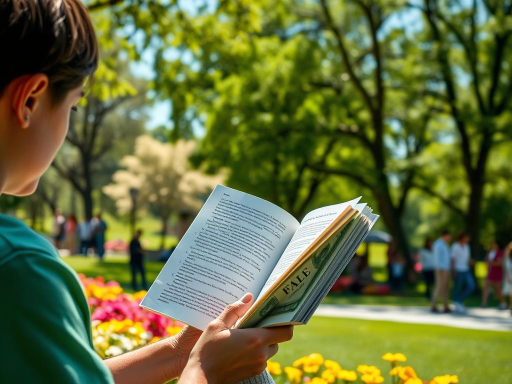 Мальчик читает книгу на фоне ярких цветов и гуляющих людей в парке в солнечную погоду.