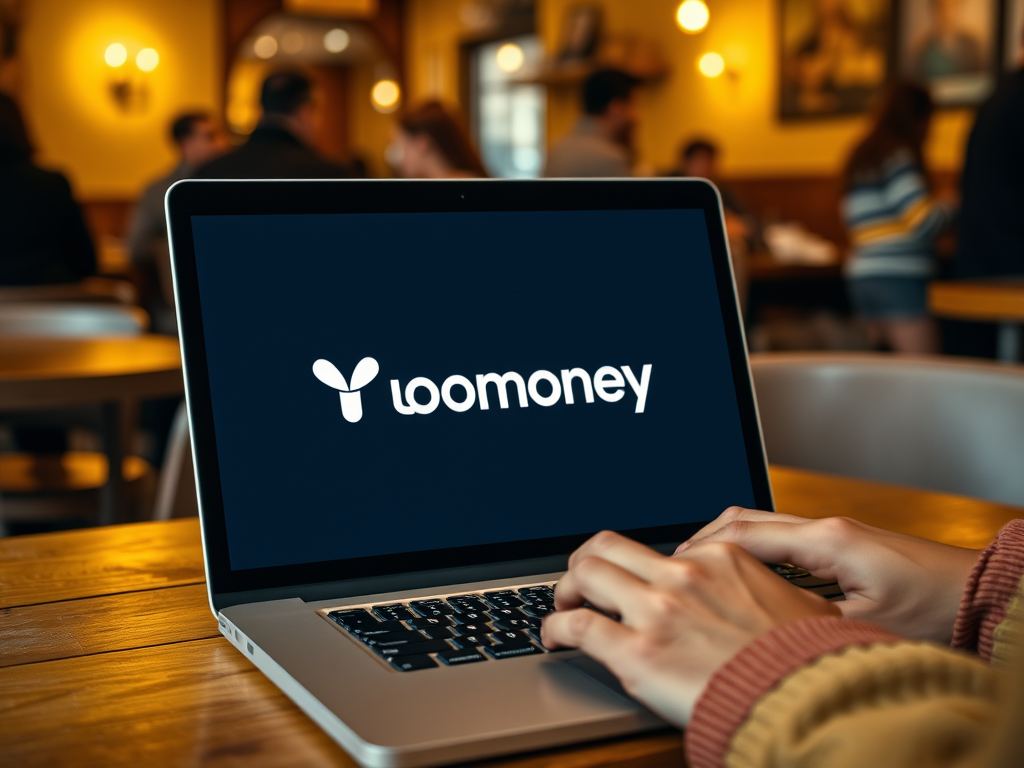 На ноутбуке отображается логотип Loomoney, рядом сидят люди в кафе.