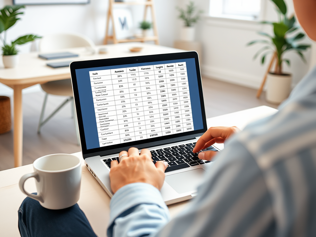 Человек сидит за столом с ноутбуком, на экране таблица с данными, рядом чашка кофе. Окружение светлое и уютное.